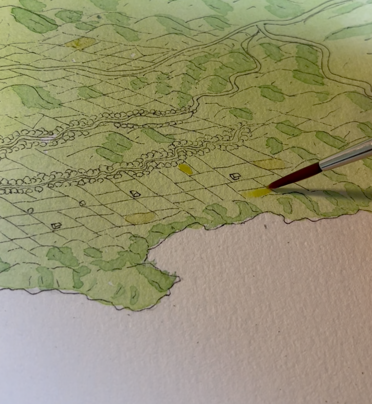 Painting process ofHand-drawn map art of Lake Taupō, New Zealand – watercolour land, digital sky and lake, featuring Taupō, Kinloch, Ruapehu, and Ngauruhoe on the horizon.