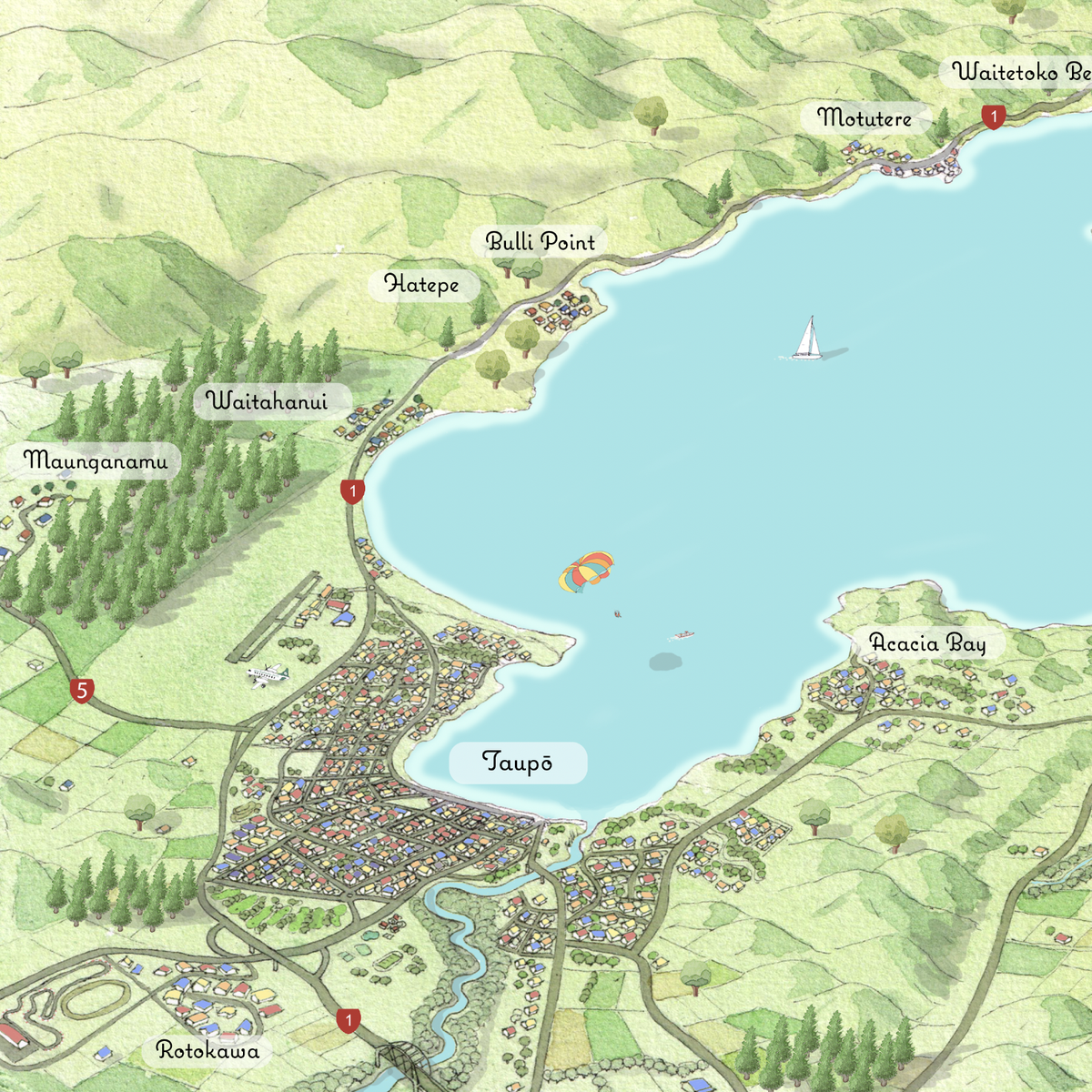 Close-up of Hand-drawn map art print of Lake Taupō, New Zealand – watercolour land, digital sky and lake, featuring Taupō.