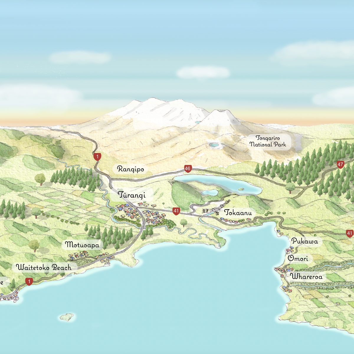Close-up of Hand-drawn map art print of Lake Taupō, New Zealand – watercolour land, digital sky and lake, featuring Ruapehu, and Ngauruhoe on the horizon.