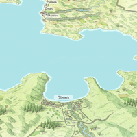 Close-up of Hand-drawn map art print of Lake Taupō, New Zealand – watercolour land, digital sky and lake, featuring Kinloch.