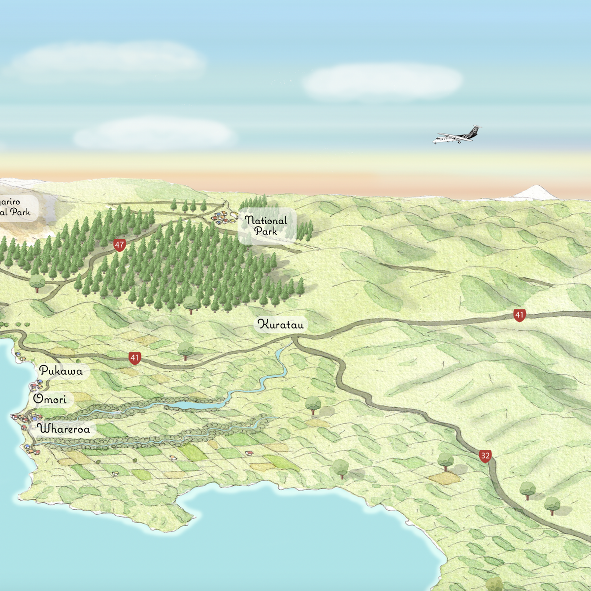 Close-up of Hand-drawn map art print of Lake Taupō, New Zealand – watercolour land, digital sky and lake, featuring Waimarino or National Park, Air NZ plane.