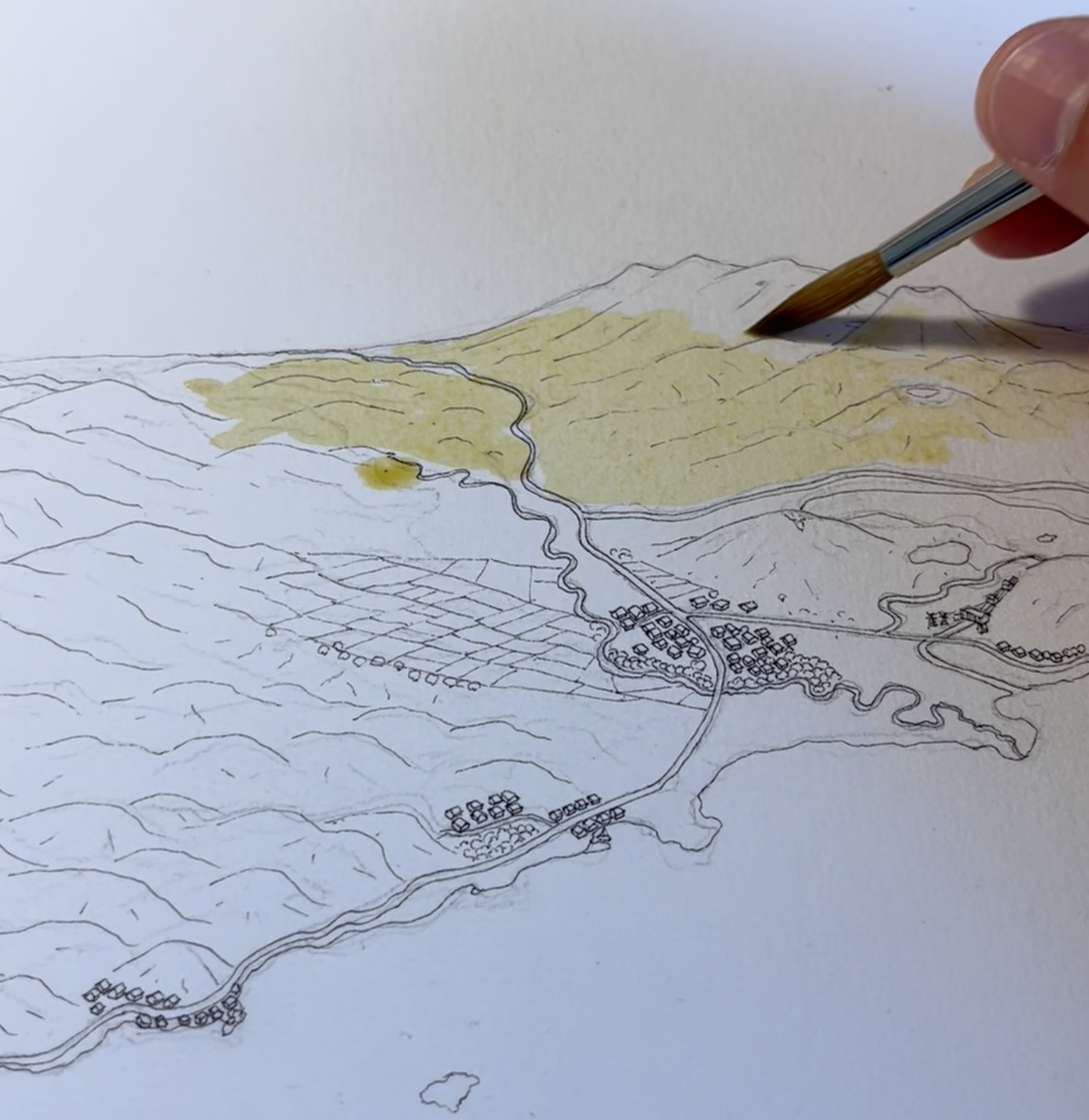 Painting process of Hand-drawn map of Lake Taupō, New Zealand – watercolour land, digital sky and lake, featuring Taupō, Kinloch, Ruapehu, and Ngauruhoe on the horizon.