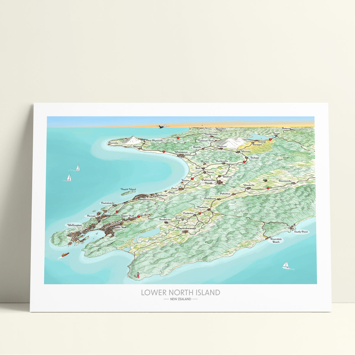 Hand-drawn watercolour map art print of the lower North Island, New Zealand, featuring Wellington and Martinborough.