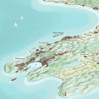 Close-up Hand-drawn watercolour map art print of the lower North Island, New Zealand, featuring Wellington and Kapiti Island.