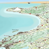 Close-up Hand-drawn watercolour map print of the lower North Island, New Zealand, featuring Kapiti Island and far behind Mount Taranaki.