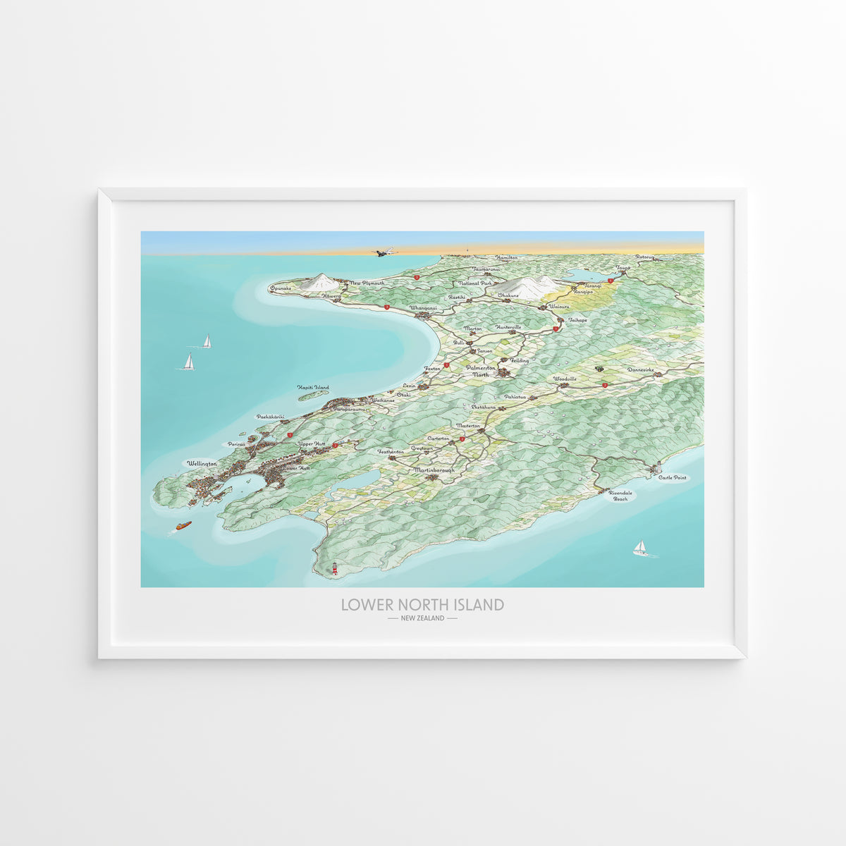 Hand-drawn watercolour map print of the lower North Island, New Zealand, featuring Wellington and Martinborough. White framed.