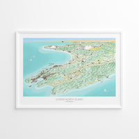 Hand-drawn watercolour map print of the lower North Island, New Zealand, featuring Wellington and Martinborough. White framed.