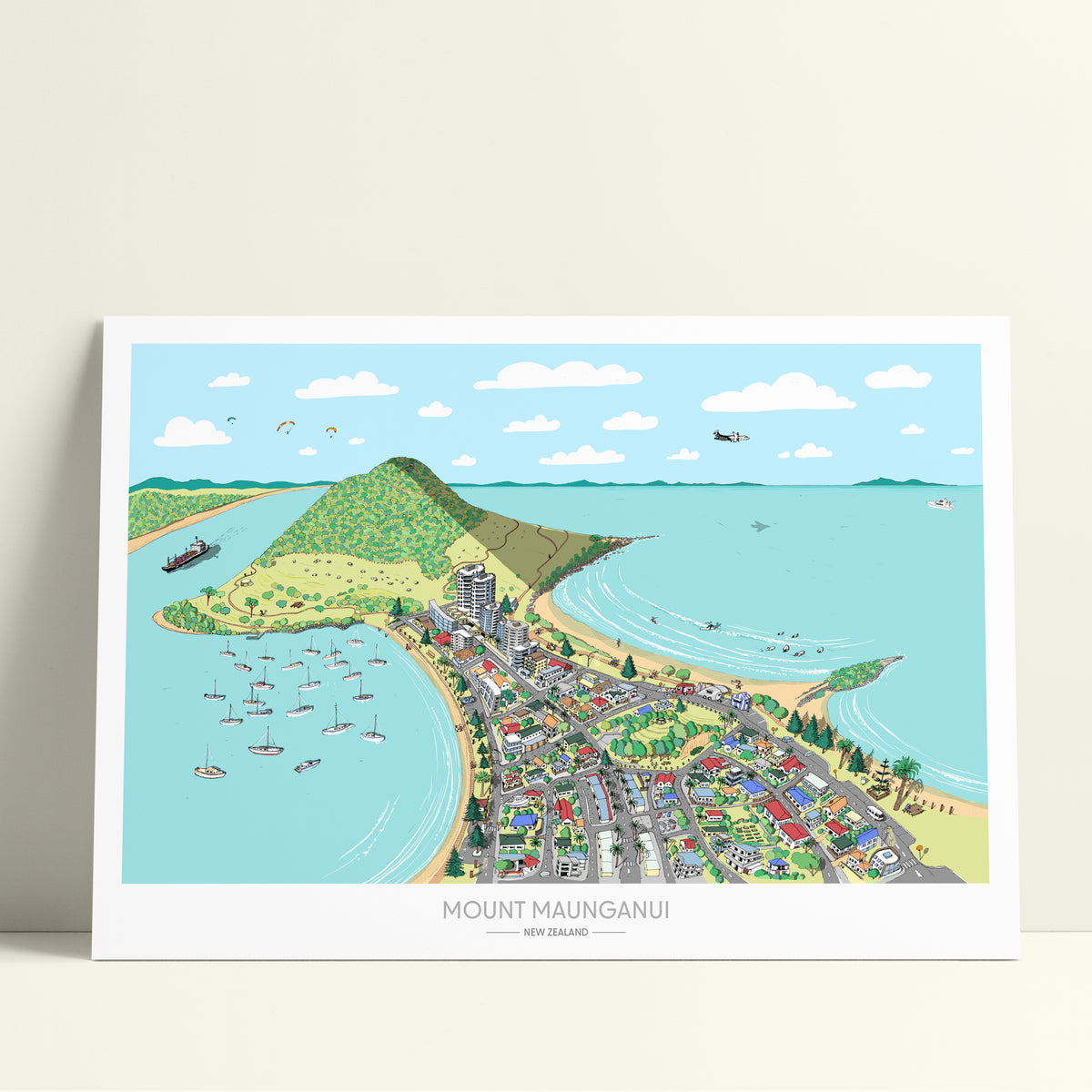 Hand-drawn map art print of Mount Maunganui, New Zealand – and digital colour, featuring the Mount, beach, harbour, and town layout.