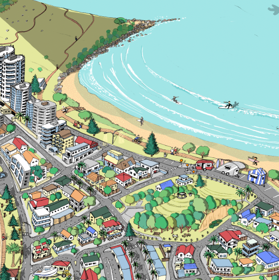 Close-up Hand-drawn map art print of Mount Maunganui, New Zealand –  digital colour, featuring the Mount, beach, and town layout. 
