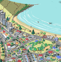 Close-up Hand-drawn map art print of Mount Maunganui, New Zealand –  digital colour, featuring the Mount, beach, and town layout. 