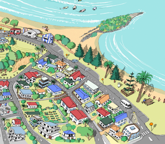 Close-up Hand-drawn map art print of Mount Maunganui, New Zealand –  digital colour, featuring the Mount, beach, and town layout. 