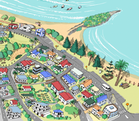 Close-up Hand-drawn map art print of Mount Maunganui, New Zealand –  digital colour, featuring the Mount, beach, and town layout. 