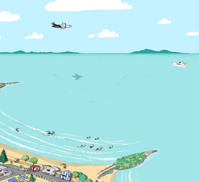 Close-up Hand-drawn map art print of Mount Maunganui, New Zealand –  digital colour, featuring the Mount, beach, , and food trucks