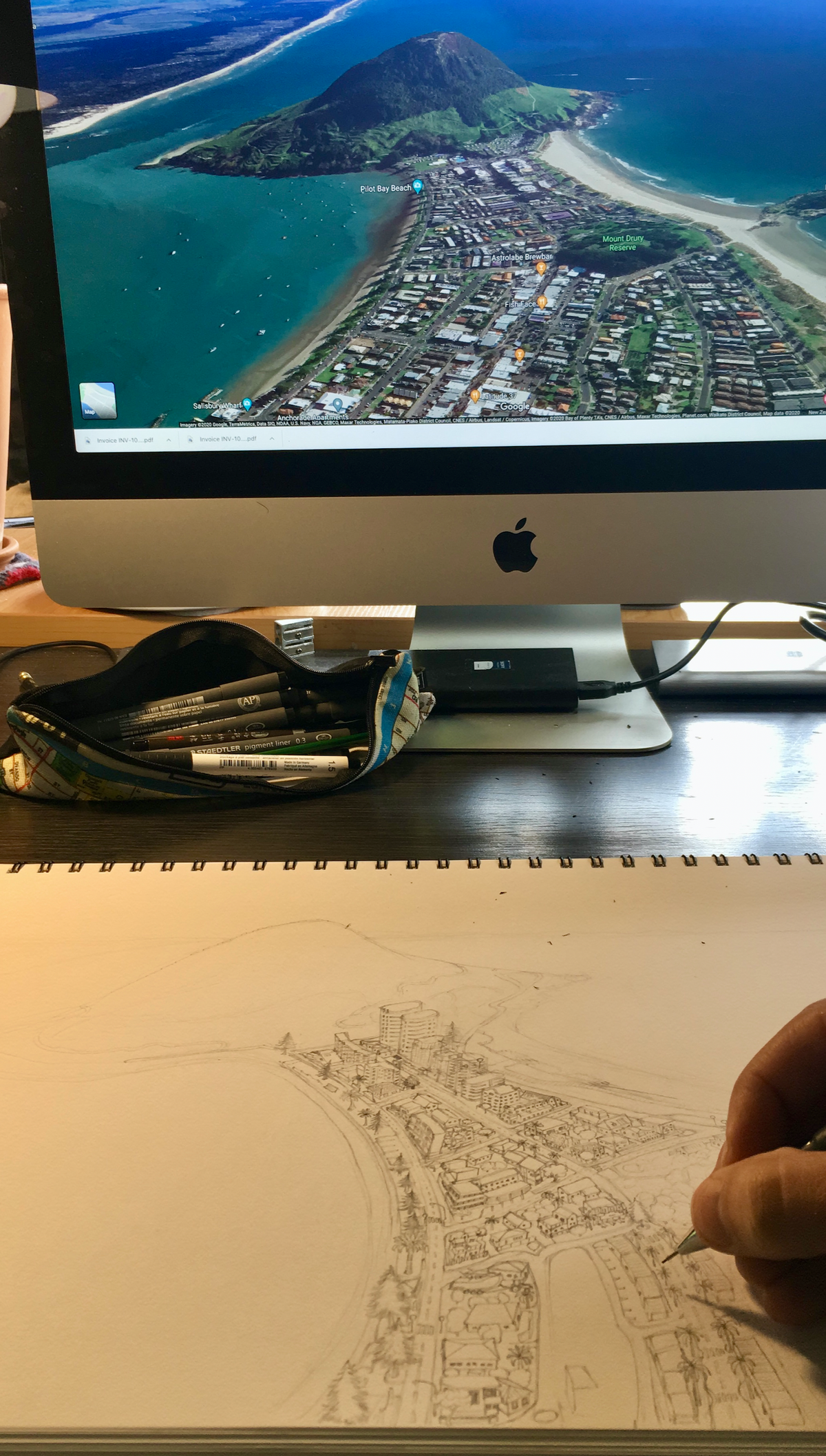 Hand-drawn map process of Mount Maunganui, New Zealand by Leandro Baud