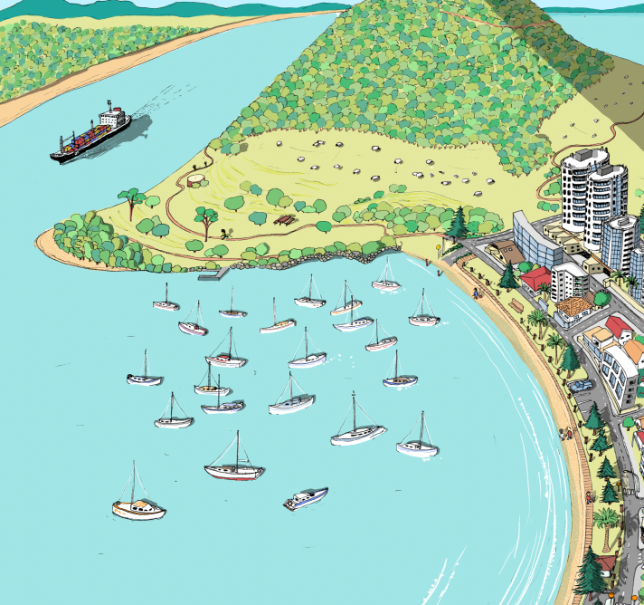 Close-up Hand-drawn map art print of Mount Maunganui, New Zealand –  digital colour, featuring the Mount, beach, Pilot Bay, and town layout. 