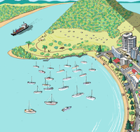 Close-up Hand-drawn map art print of Mount Maunganui, New Zealand –  digital colour, featuring the Mount, beach, Pilot Bay, and town layout. 