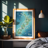 New Zealand map  hand-drawn with pastel colours added by digital pencil. Shows little drawings from our travels around the country.  Wood framed.