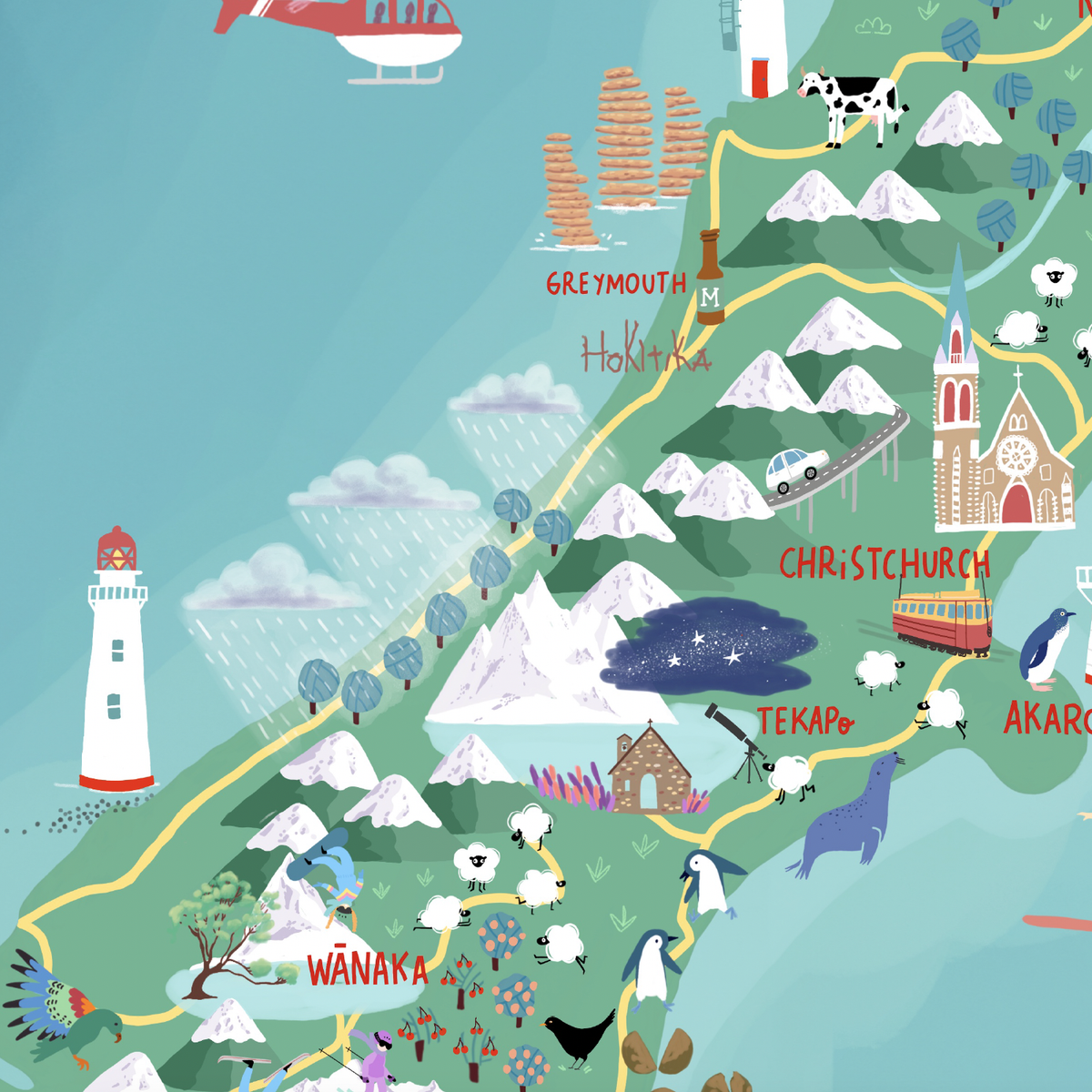 New Zealand map  hand-drawn with pastel colours added by digital pencil. Shows little drawings from our travels around the country. Close up South Island