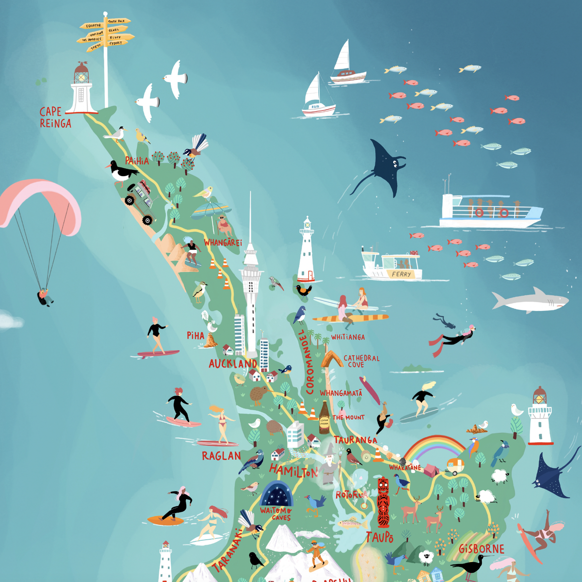 New Zealand map  hand-drawn with pastel colours added by digital pencil. Shows little drawings from our travels around the country.  Close up North Island