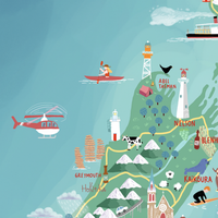 New Zealand map  hand-drawn with pastel colours added by digital pencil. Shows little drawings from our travels around the country.  Close up South Island