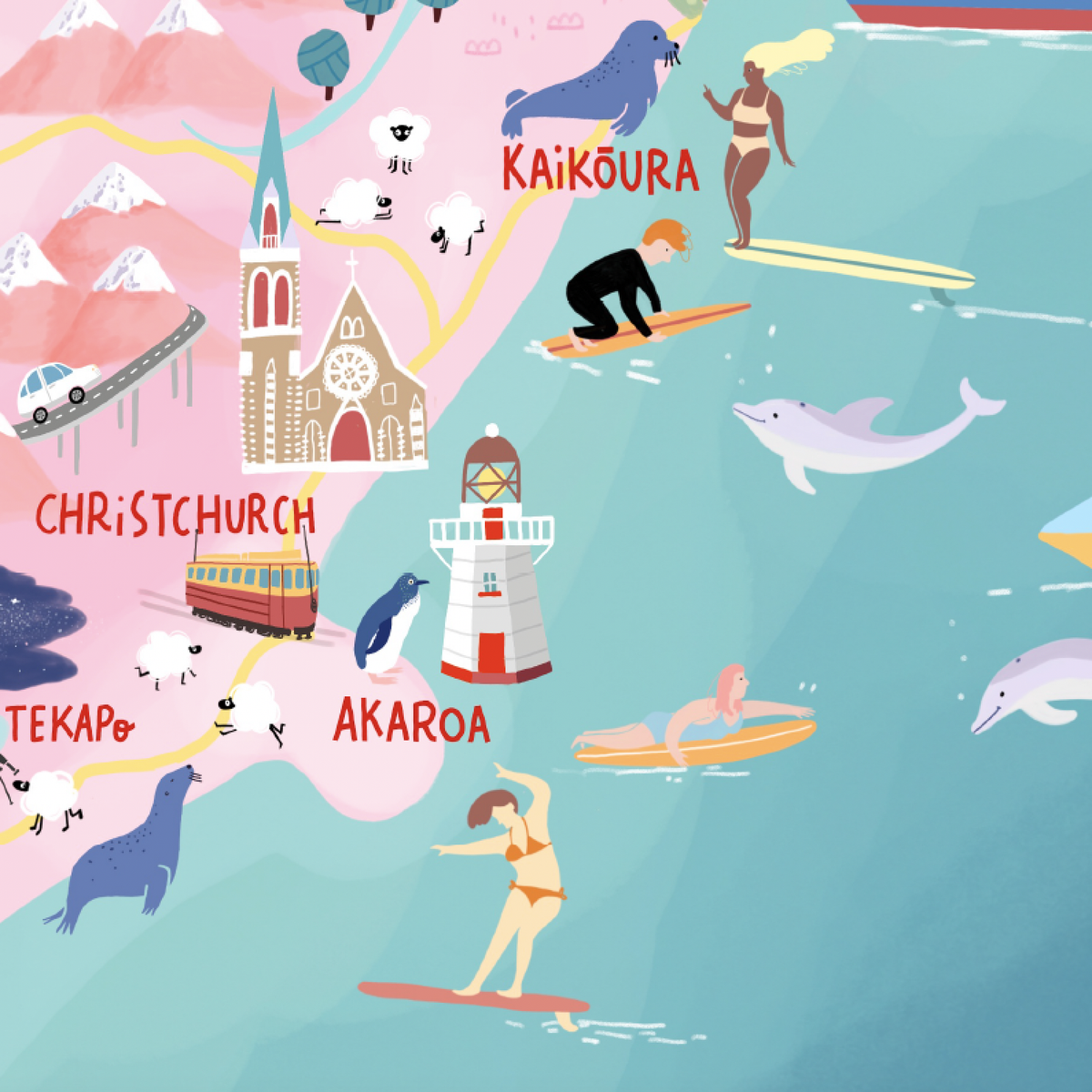 New Zealand map hand-drawn in PINK with pastel colours added by digital pencil. Shows little drawings from our travels around the country. Akaroa close up