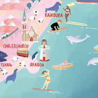 New Zealand map hand-drawn in PINK with pastel colours added by digital pencil. Shows little drawings from our travels around the country. Akaroa close up
