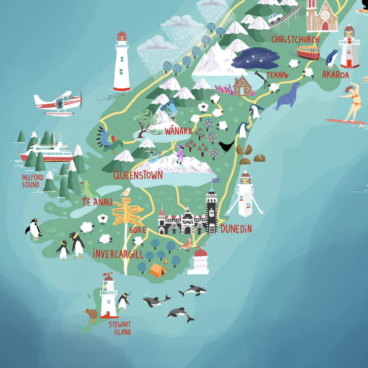 New Zealand map  hand-drawn with pastel colours added by digital pencil. Shows little drawings from our travels around the country. Close up South Island. 