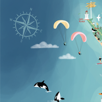 New Zealand map  hand-drawn with pastel colours added by digital pencil. Shows little drawings from our travels around the country.  CLOSE UP