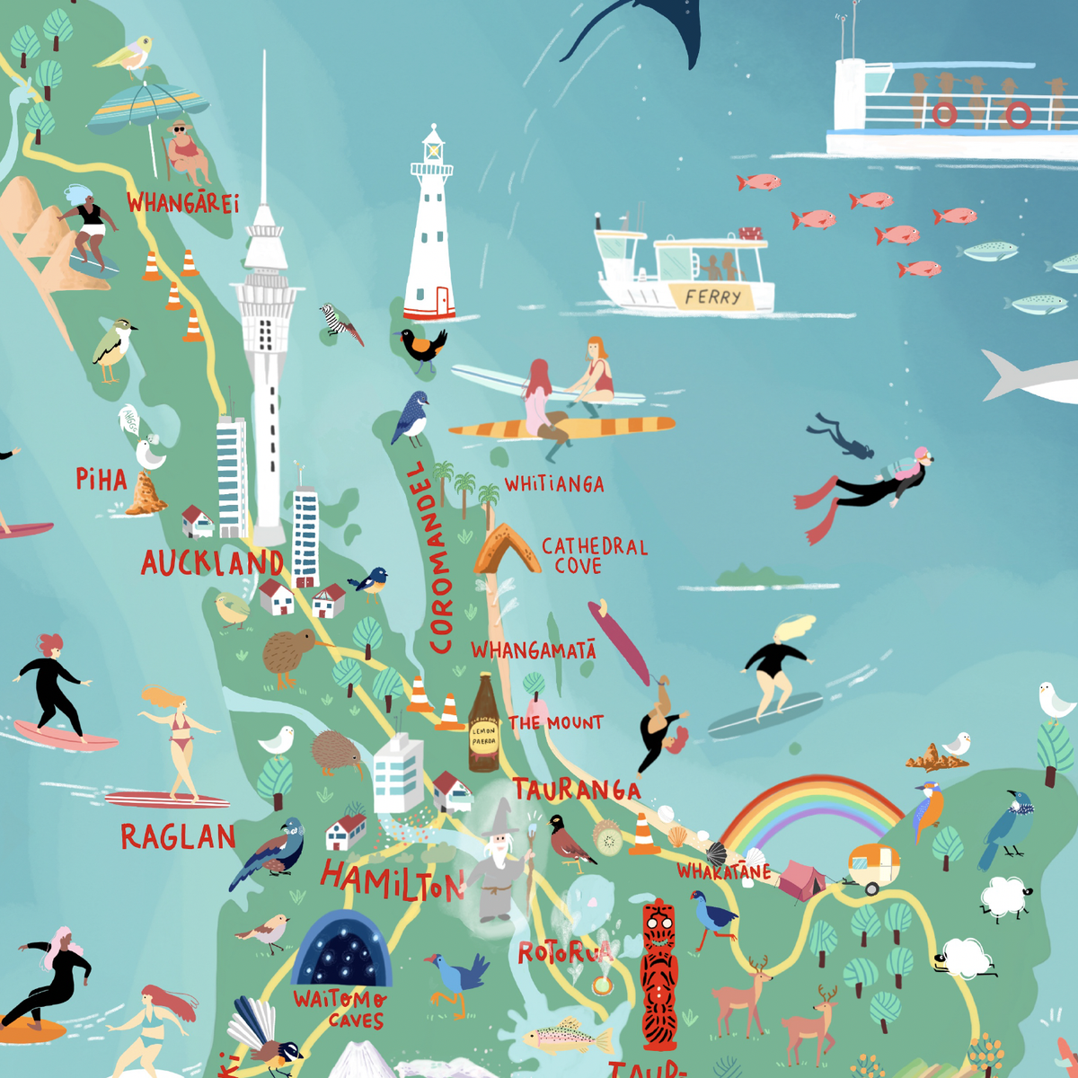 New Zealand map  hand-drawn with pastel colours added by digital pencil. Shows little drawings from our travels around the country.  Close up north island.