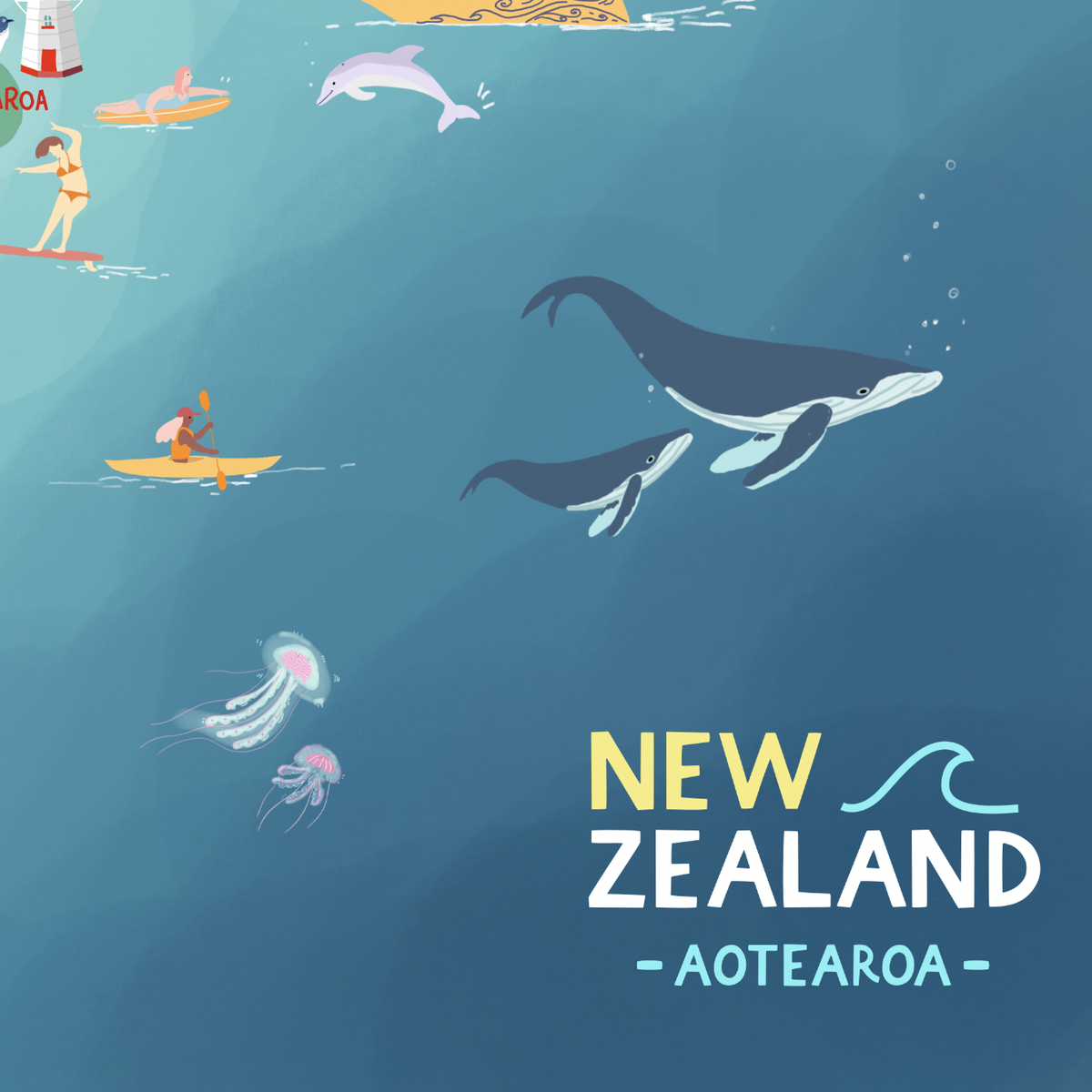 New Zealand map  hand-drawn with pastel colours added by digital pencil. Shows little drawings from our travels around the country. Close up 
