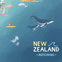 New Zealand map  hand-drawn with pastel colours added by digital pencil. Shows little drawings from our travels around the country. Close up 