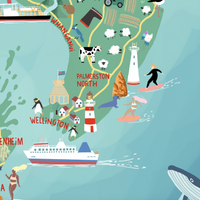 New Zealand map  hand-drawn with pastel colours added by digital pencil. Shows little drawings from our travels around the country.  Clouse up lower north island.