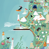 New Zealand map  hand-drawn with pastel colours added by digital pencil. Shows little drawings from our travels around the country.  Close up Taranaki area. 