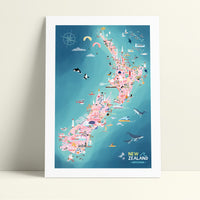 New Zealand map art print hand-drawn in PINK with pastel colours added by digital pencil. Shows little drawings from our travels around the country.