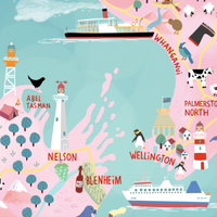 New Zealand map hand-drawn in PINK with pastel colours added by digital pencil. Shows little drawings from our travels around the country. Close up Wellington
