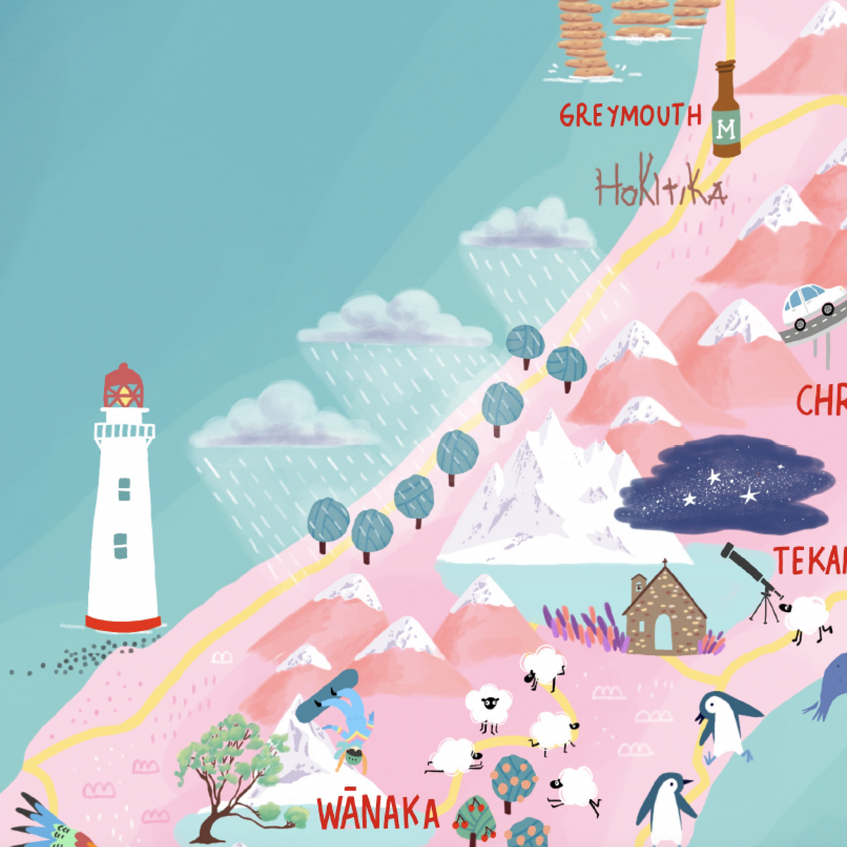New Zealand map hand-drawn in PINK with pastel colours added by digital pencil. Shows little drawings from our travels around the country. Close up Wanaka