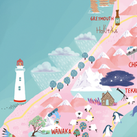 New Zealand map hand-drawn in PINK with pastel colours added by digital pencil. Shows little drawings from our travels around the country. Close up Wanaka