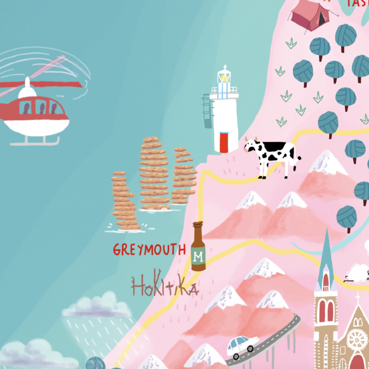 New Zealand map hand-drawn in PINK with pastel colours added by digital pencil. Shows little drawings from our travels around the country. Close up Greymouth