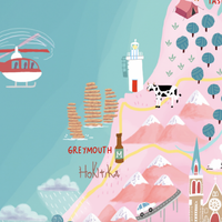 New Zealand map hand-drawn in PINK with pastel colours added by digital pencil. Shows little drawings from our travels around the country. Close up Greymouth