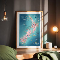 New Zealand map art print hand-drawn in PINK with pastel colours added by digital pencil. Shows little drawings from our travels around the country. Wood frame displayed