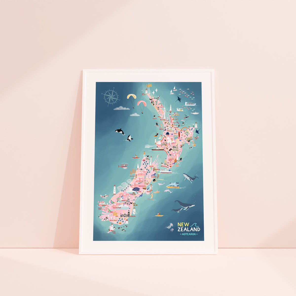New Zealand map art print hand-drawn in PINK with pastel colours added by digital pencil. Shows little drawings from our travels around the country. White framed. 