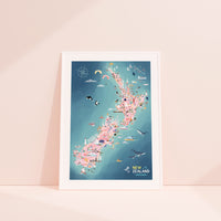 New Zealand map art print hand-drawn in PINK with pastel colours added by digital pencil. Shows little drawings from our travels around the country. White framed. 