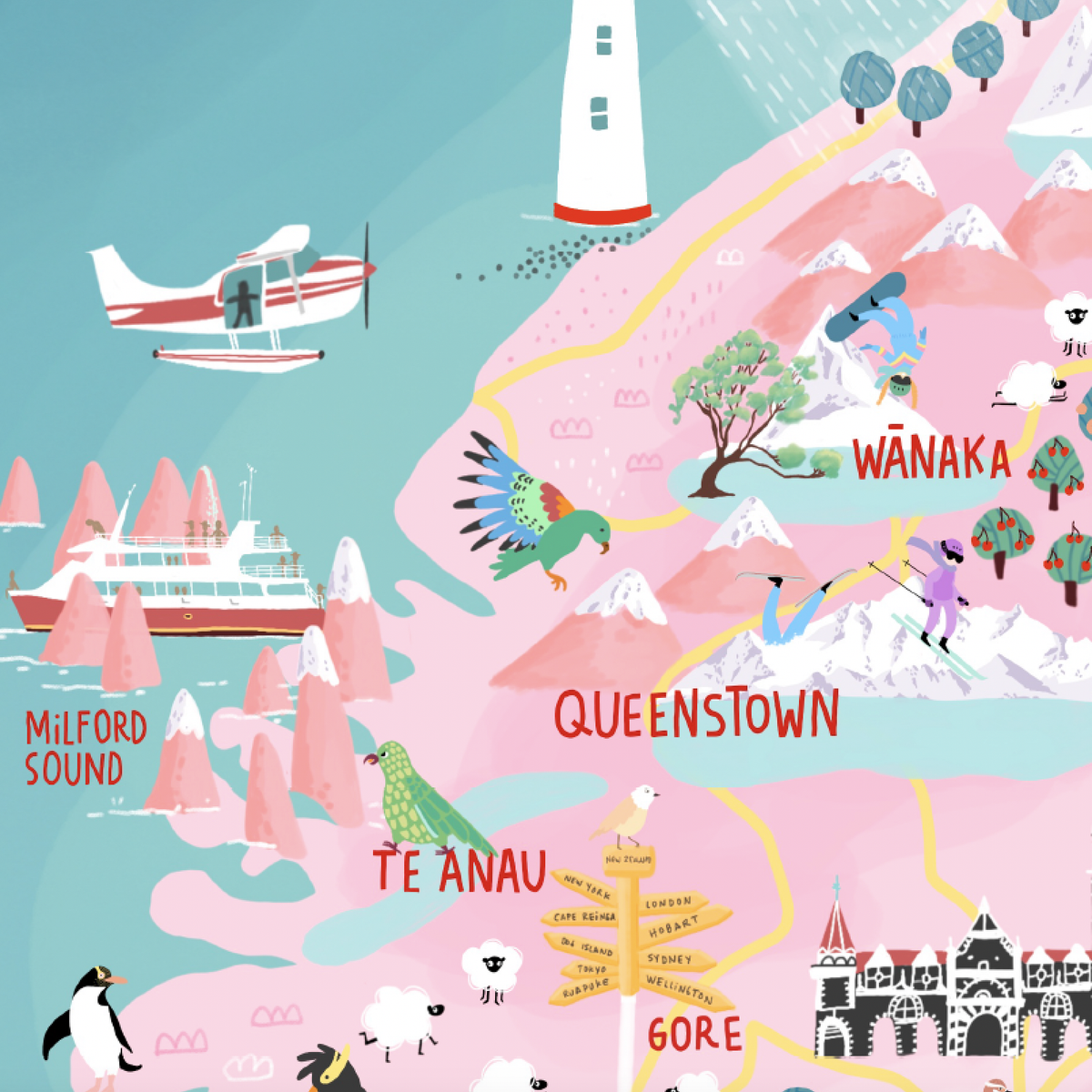 New Zealand map hand-drawn in PINK with pastel colours added by digital pencil. Shows little drawings from our travels around the country. Cloe up Queenstown and Milford Sound. 