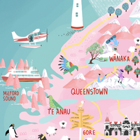 New Zealand map hand-drawn in PINK with pastel colours added by digital pencil. Shows little drawings from our travels around the country. Cloe up Queenstown and Milford Sound. 