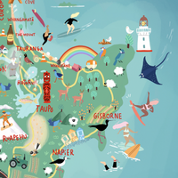 New Zealand map  hand-drawn with pastel colours added by digital pencil. Shows little drawings from our travels around the country.  Close up Gisborne. 
