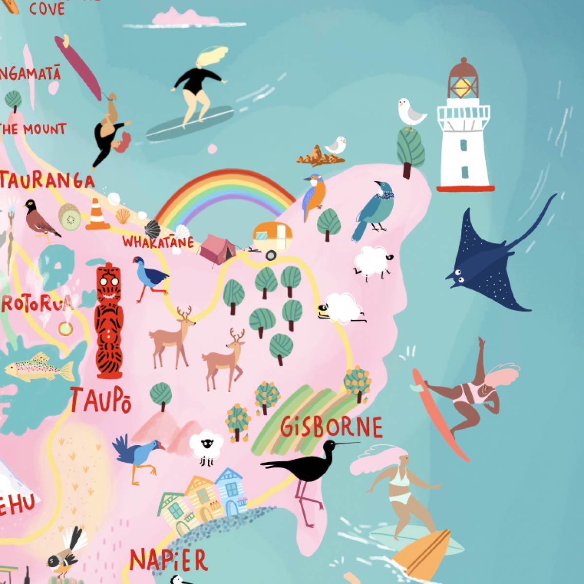 New Zealand map art print hand-drawn in PINK with pastel colours added by digital pencil. Shows little drawings from our travels around the country. Close up Gisborne.