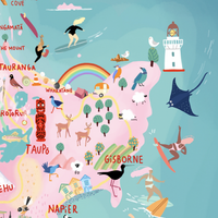 New Zealand map art print hand-drawn in PINK with pastel colours added by digital pencil. Shows little drawings from our travels around the country. Close up Gisborne.
