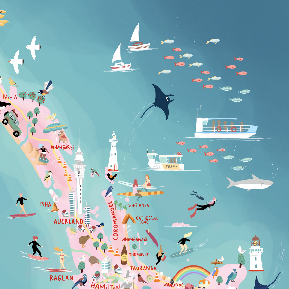 New Zealand map hand-drawn in PINK with pastel colours added by digital pencil. Shows little drawings from our travels around the country. Northland close up.
