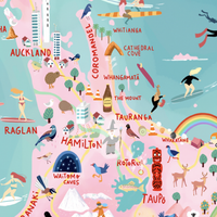 New Zealand map hand-drawn in PINK with pastel colours added by digital pencil. Shows little drawings from our travels around the country. Close up Coromandel and Tauranga.