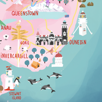 New Zealand map hand-drawn in PINK with pastel colours added by digital pencil. Shows little drawings from our travels around the country. Dunedin close up.
